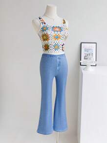 SHEIN 少女花卉钩针上衣套装，适合度假