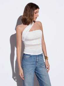 Maija Women White Summer Seksi Chic Party Night Mesh Crop Top,2025 Fashion Asymmetric Shoulder Ruched Bodycon Beach Vacation Music Festival Club Wear - White - View 6