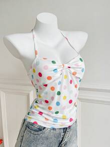 SHEIN Unity Valentine's Day Polka Dot Bowknot Ruffle Halter Neck Camisole - Multicolor - View 6