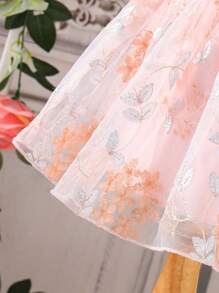 Infant/Toddler Girls Sweet Elegant Floral Embroidered Flutter Sleeve Pink Princess Dress, Casual Chic Style, Suitable For Birthday Party, Gathering Or Daily Wear, Spring/Summer New Arrival