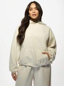 MISSGUIDED PLUS 大尺碼伴娘寬鬆連帽衛衣套頭衫 婚禮新娘必備 舒適保暖冬季休閒款 附袋鼠口袋 刺繡設計 - 卡其色 - 查看 3