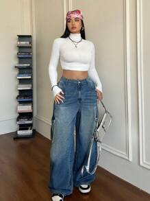 SHEIN CURVE+ 女式大码蓝色牛仔裤 松紧腰带直筒工装裤 夏季牛仔裤 休闲街头服饰 - 中等水洗藍 - 查看 3
