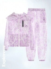 SHEIN 2件套 青少年女孩前拉链长袖印花连帽衫和裤子套装 - 淡紫色 - 查看 4