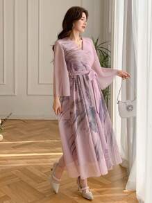 DAZY V-Neck Floral Print Belted Mid-Length Dress For Women,Fall Dress Long Sleeve Dress Easter - Purple - View 6
