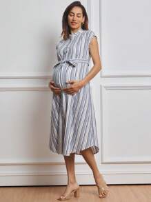 MaterniWear Maternity Casual Striped Front Button Dress - Blue - View 3