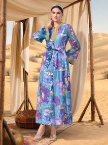 Al Najma 女式印花拼布 V 领长袖简约阿拉伯风格连衣裙 - 藍色 - 查看 4