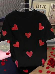 Manfinity Dauomo Men's Heart Print Round Neck Loose Casual Short Sleeve T-Shirt - Black - View 1