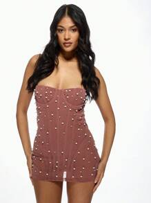 MISSGUIDED Pearl Embellished Mesh Corset Mini Dress Bodycon Party Evening Bustier Design Sweetheart Neckline Elegant Holiday New Year Club Dress - Pink - View 4