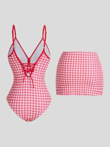 Sweetra Bộ đồ bơi liền thân kẻ caro phong cách cổ điển & váy che cho nữ, đồ bơi một mảnh đi nghỉ, đi biển mùa hè - Đỏ - Xem 2
