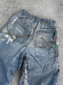 SHEIN Tween Boy Fashion Casual Y2k Cool Blue Denim Frill Hem Print Element Losse Denim Shorts Voor Jongenskostuum Dagelijkse Kleding En De Vier Seizoenen Kinderkleding
