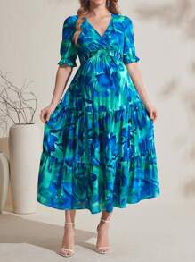 SHEIN Allover Print V-Neck Elastic Waistband Ruffle Trim Maternity Dress - Multicolor - View 3