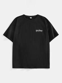 HARRY POTTER X SHEIN Plus Size  Casual Geometric And Slogan Print Drop Shoulder Loose Long Sleeve Black T-Shirt Summer - Black - View 2