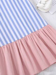 SHEIN Leap Crew Tween Girls 蓝白条纹可爱盖袖荷叶边下摆宽松秋千连衣裙，休闲假日风格，适合春夏季节，返校季 - 彩色 - 查看 10