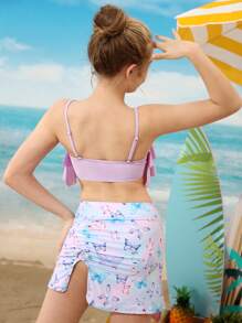Set de bikini con falda de cobertura con estampado de mariposas con volantes para adolescentes de vacaciones