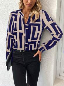 EMERY ROSE Women's V-Neck Long Sleeve Printed Casual Blouse - Multicolor - View 3