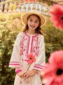 SHEIN Tween Girl Round Neck Long Sleeve Half-Placket Dress - Pink - View 1