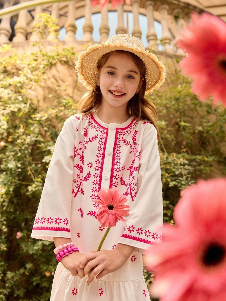 SHEIN Tween Girl Round Neck Long Sleeve Half-Placket Dress - Pink - View 1