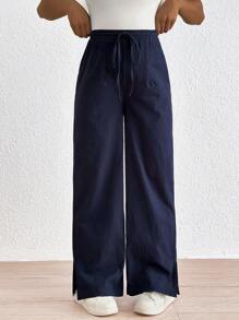 SHEIN Mulheres grávidas frente lisa gravata minimalista casual calças compridas, uso diário - Menta verde - Ver 2