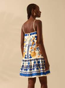 CAJUNI 女式波西米亚热带蓝黄花卉印花细肩带交叉后背短款休闲度假海滩夏季连衣裙