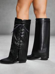 CUCCOO SZL Fashionable Black Side Lace-Up Thigh High Boots, For Holidays, Music Festival For Spring Shoes Spring Break Easter For Christmas - Black - View 5