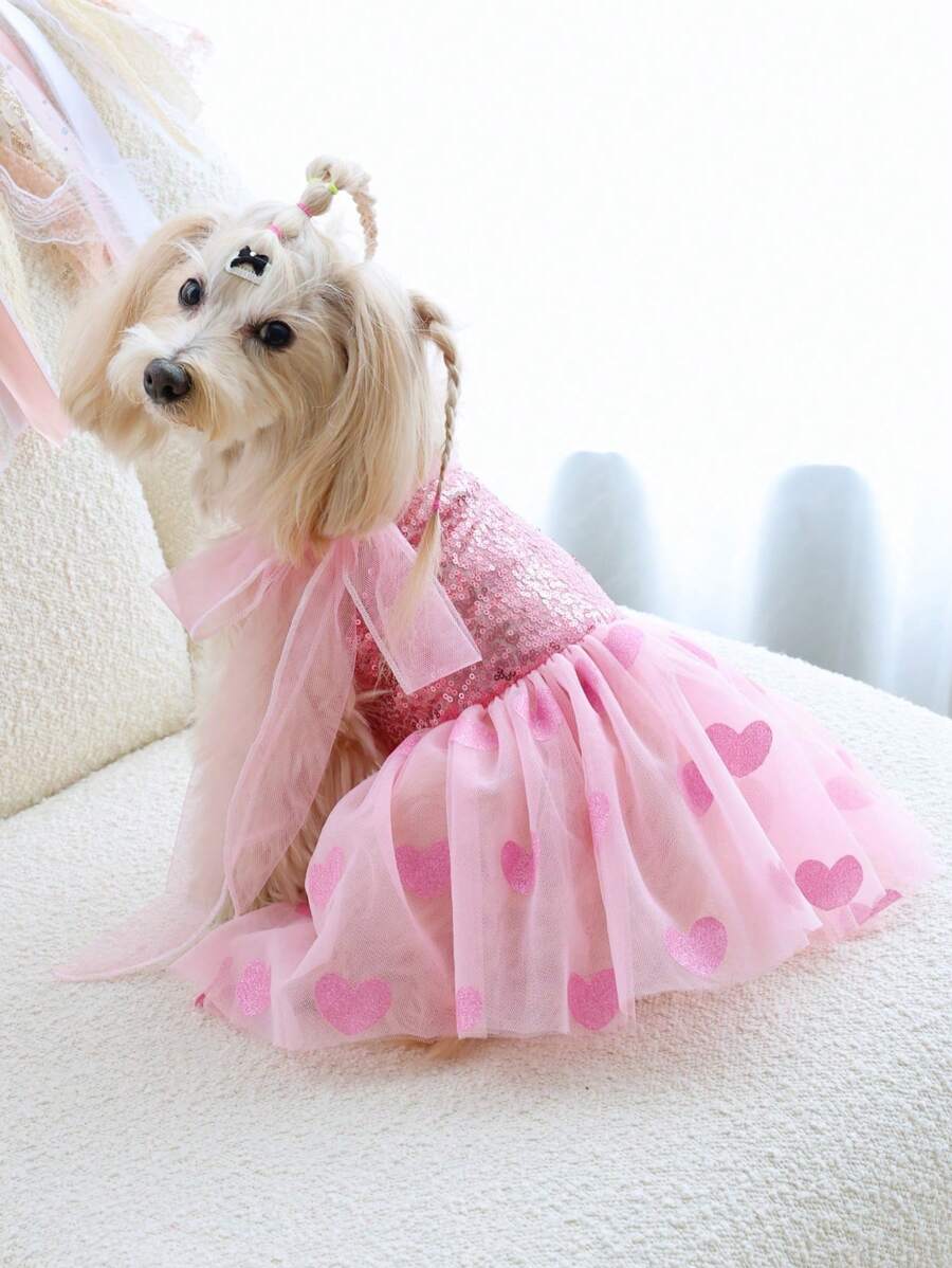 PETSIN 1pc Pet Universal Pink Heart Sequin Embroidery Flocked Mesh Bow Tie Dog Dress Elegant Cute Puppy Doggy Clothes - Pink - View 1