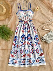 Soleia Mid-Length V-Neck Backless Tie-Front Print Vacation Dress - Multicolor - View 7