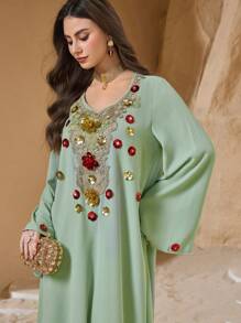 Al Najma Women's V-Neck Pullover Elegant Floral Tunic, Turkish & Arabian Traditional Long Dress, Spring/Summer, Kaftan & Jalabiya, Luxury Evening Dresses For Women - Mint Green - View 1