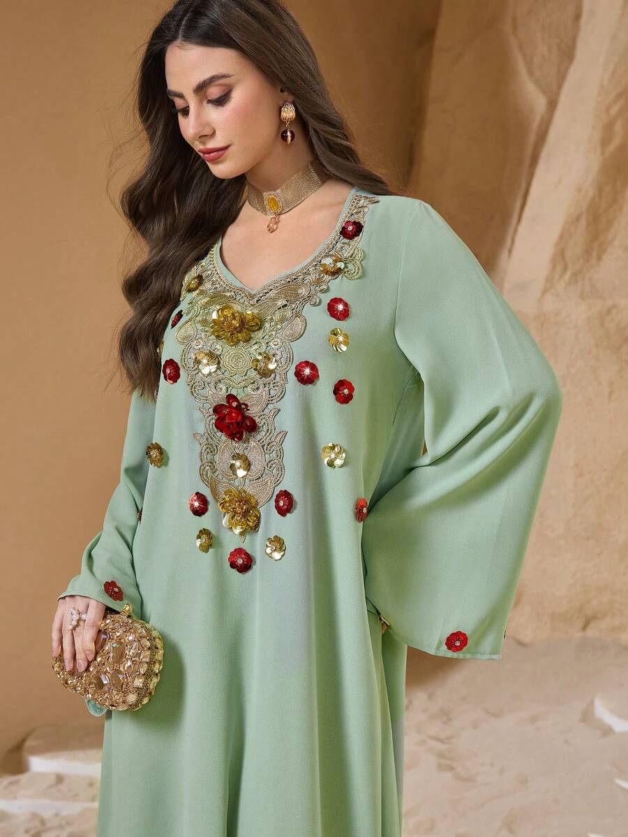 Al Najma Women's V-Neck Pullover Elegant Floral Tunic, Turkish & Arabian Traditional Long Dress, Spring/Summer, Kaftan & Jalabiya, Luxury Evening Dresses For Women - Mint Green - View 1