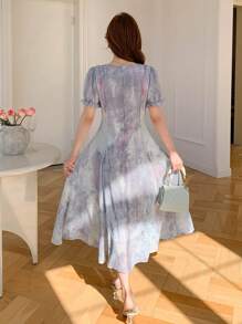 DAZY Women's Midi Length Dress With Allover Floral Print, Square Neckline And Ruffle Hem
