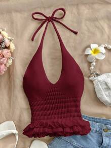 Soleia 休闲纯色荷叶边饰挂脖针织上衣 - 酒紅色 - 查看 3