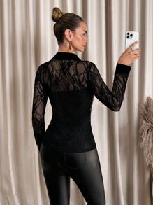 SHEIN Clasi Women's Single Breasted Lace Elegant Long Sleeve Blouse