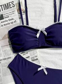 SHEIN 少女海军蓝蕾丝边拼色可爱蝴蝶结装饰海滩度假比基尼套装 - 藏蓝色 - 查看 4