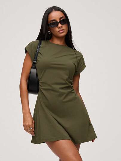 SHEIN BASICS 女款純色針織圓領短袖側抽繩迷你休閒端莊洋裝，橄欖綠，適合夏季城市旅行度假、日常白天與早午餐穿著