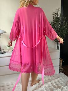 SHEIN Plus Size Lace Patchwork Minimalist Lounge Robe Set, Casual Everyday Wear - Hot Pink - View 2