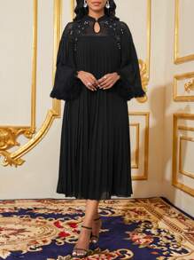 SHEIN Lady Decor cu aplicație din dantelă din plasă neagră Plisată Rochie lungă lejeră, cu manșete cu ciucuri, elegantă pentru petrecere, invitată la nuntă, toate anotimpurile