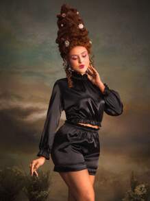 PinupGlam Vintage Palast-Stil Taft-Langarm-Shorts-Damen-Nachtwäsche-Pyjama-Set