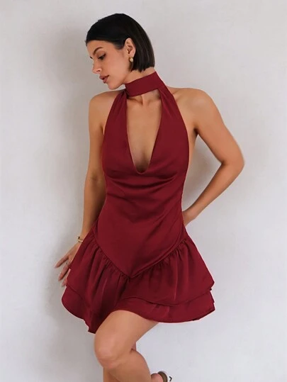SHEIN BAE Robe courte élégante à encolure ras-du-cou avec plusieurs volants à l'ourlet, couleur bordeaux unie, convient pour un rendez-vous, un enterrement de vie de jeune fille, un anniversaire, la Saint-Valentin, un mariage, un mariage à la mairie