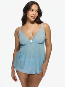 MISSGUIDED PLUS Plus Size Babydoll Lingerie With Lace Trim Empire Waist Mesh Nightwear Adjustable Straps Intimate Sleepwear Cami Top Spring Summer Collection - Blue - View 1