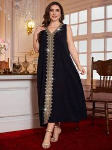 Layrah Plus Size 2 Pieces Set Arabian Style Cloak Maxi Length Embroidered Abaya & Dress, Dubai Luxury Fall Cloth For Women - Black - View 6