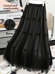 Rometta Falda de corte evasé con adorno de lazo de malla para tallas grandes elegante