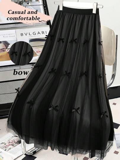 Rometta Plus Size Elegant Mesh Bow Decor A-Line Skirt Fall Cloth For Women