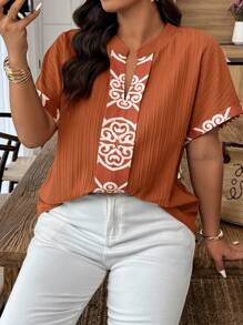 SHEIN Clasi Plus Size Women Casual Floral Embroidered Collar & Cuff Design Blouse - Redwood - View 1