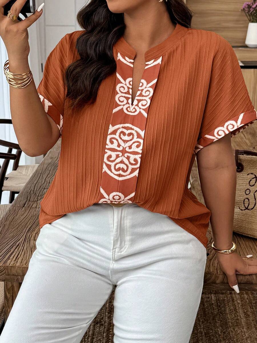 SHEIN Clasi Plus Size Women Casual Floral Embroidered Collar & Cuff Design Blouse - Redwood - View 1