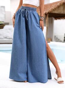 Breezaya 女士休闲宽松前系带牛仔裤，适合日常穿着 - 淺色水洗藍 - 查看 3