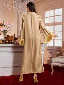 SHEIN Clasi 女士纯色拼布流苏装饰长袖简约长裙 - 金色 - 查看 2