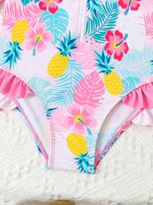 Young Girl Tropical Plant Print Raglan Sleeve One-Piece Swimsuit - Multicolor - View 4