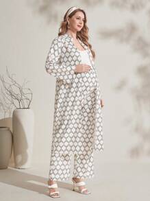 SHEIN Maternity Geometric Print Casual Loose 2 Pieces Set, Spring/Summer - Apricot - View 3