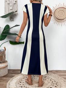 Breezaya Women's Casual Elegant Contrast Color Striped Batwing Sleeve Button Decor Cinched Waist Midi Dress - Multicolor - View 2