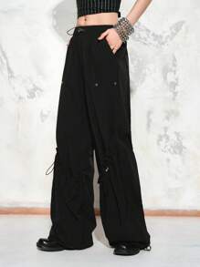 Chiquease Women's Solid Color Drawstring Waist Flap Pocket Loose Casual Cargo Pants For 25 Spring&Summer Fall Cloth For Women - Black - View 3