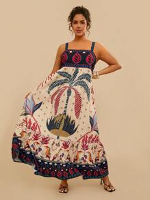 Travachic Plus Size Women Boho Summer Beach Tropical Plant Print Cami Dress,Beach Dress Sundress,Holiday Outfits